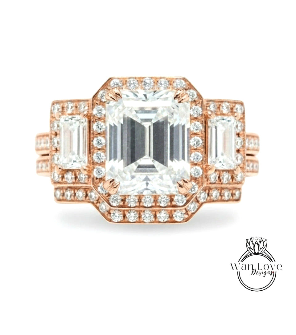 A stunning engagement ring with a large central diamond surrounded by smaller diamonds on the sides, set in a rose gold band.