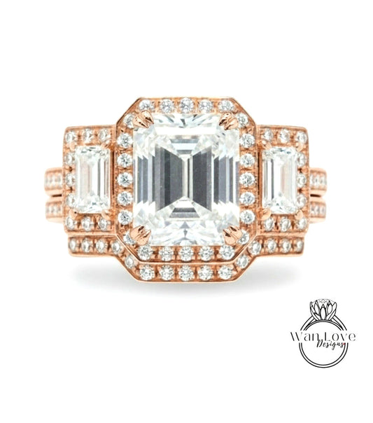 A stunning engagement ring with a large central diamond surrounded by smaller diamonds on the sides, set in a rose gold band.