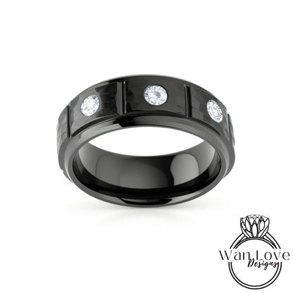 Black Tungsten Moissanite Diamonds Men's Wedding Ring, Grooved Tungsten Wedding Ring, Mens Engagement Ring Birthstone Band, Man Anniversary