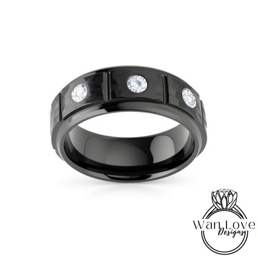 Black Tungsten Moissanite Diamonds Men's Wedding Ring, Grooved Tungsten Wedding Ring, Mens Engagement Ring Birthstone Band, Man Anniversary
