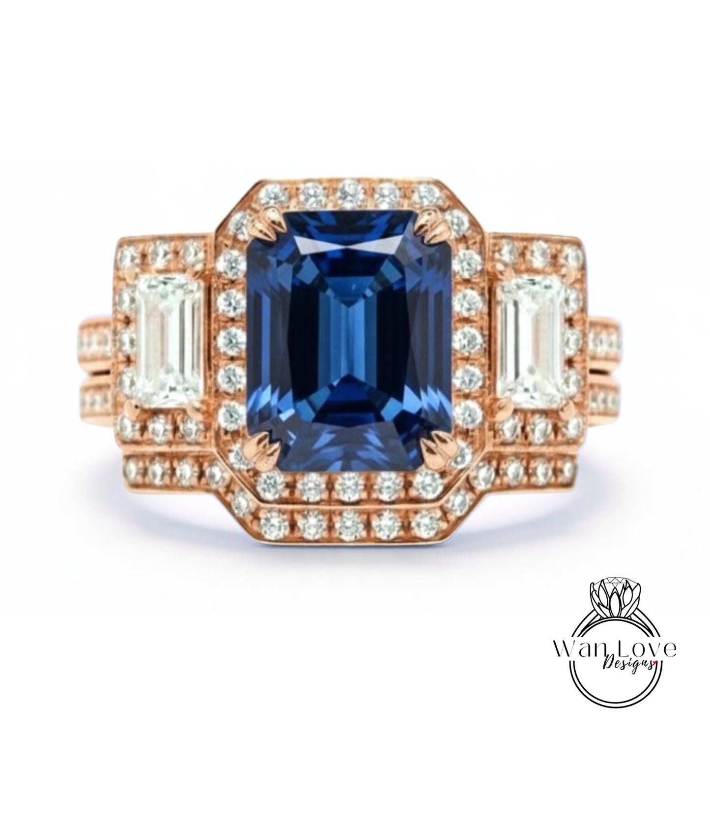 A stunning engagement ring with a large blue gemstone surrounded by smaller diamonds, set in a rose gold band.