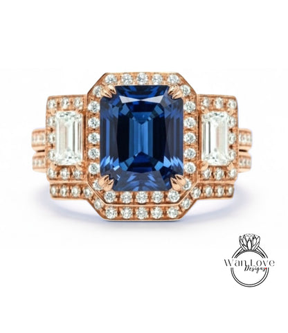 A stunning engagement ring with a large blue gemstone surrounded by smaller diamonds, set in a rose gold band.