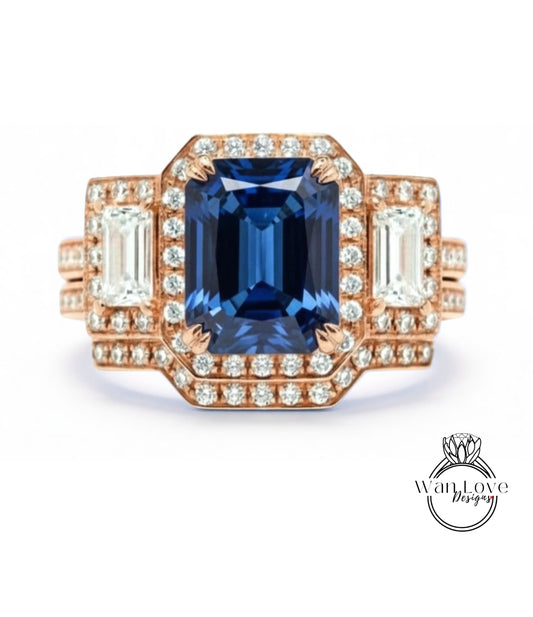 A stunning engagement ring with a large blue gemstone surrounded by smaller diamonds, set in a rose gold band.