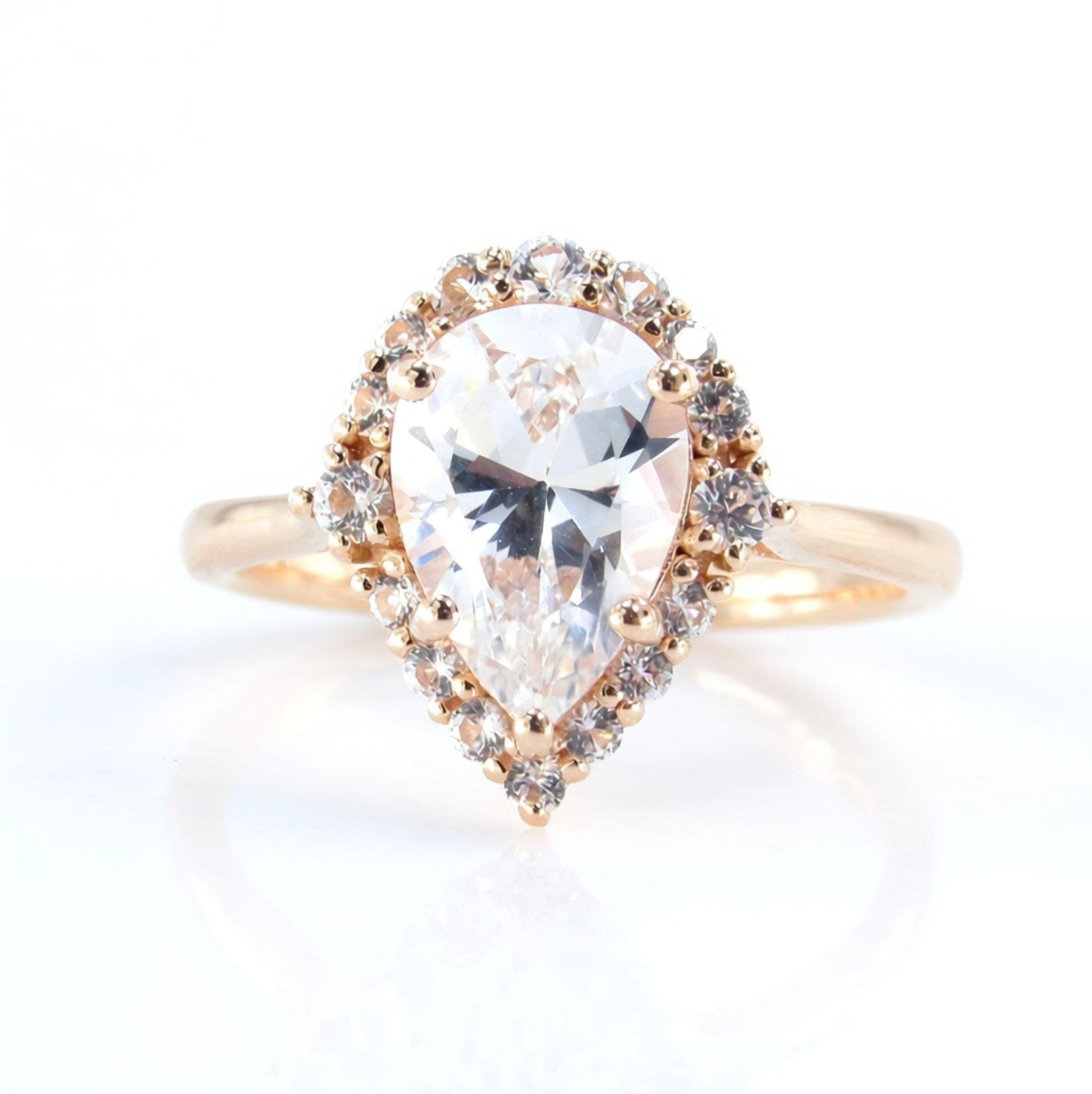 Pear shape White Sapphire engagement ring rose gold vintage unique ring women Graduated Cluster Halo/Sapphire Promise gift-Ready to Ship Wan Love Designs