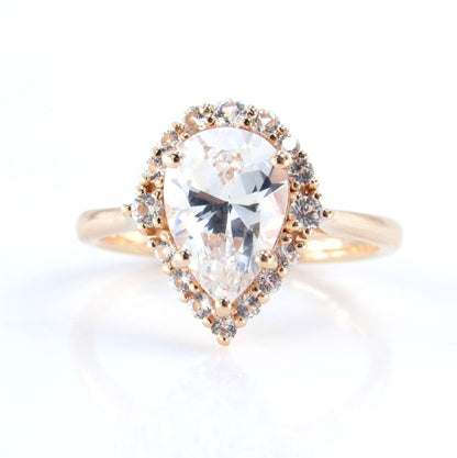 Pear shape White Sapphire engagement ring rose gold vintage unique ring women Graduated Cluster Halo/Sapphire Promise gift-Ready to Ship Wan Love Designs