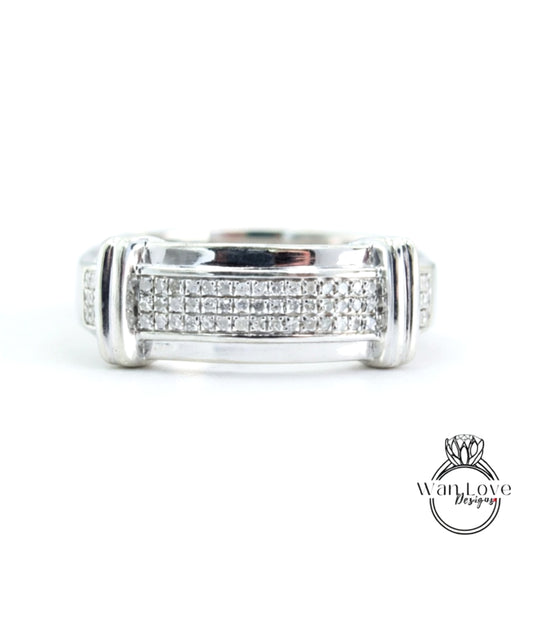 Mens White Diamond 3 Row Pave Wedding Band, Mans pave diamond Engagement Ring Anniversary Gift for him Promise Commitment Mans Ready to ship