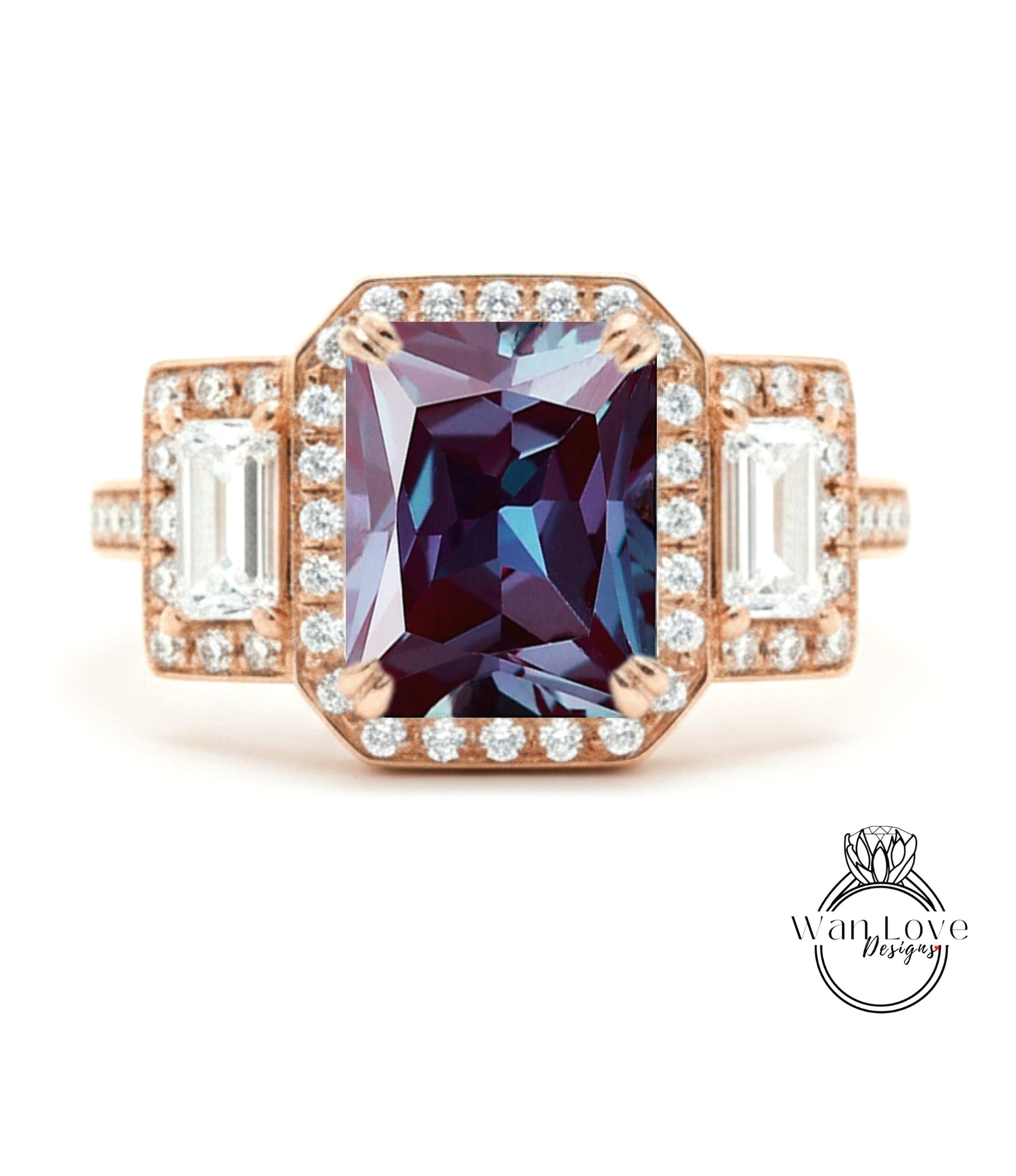 A close-up of a gold ring with a large purple gemstone in the center, surrounded by smaller diamonds.