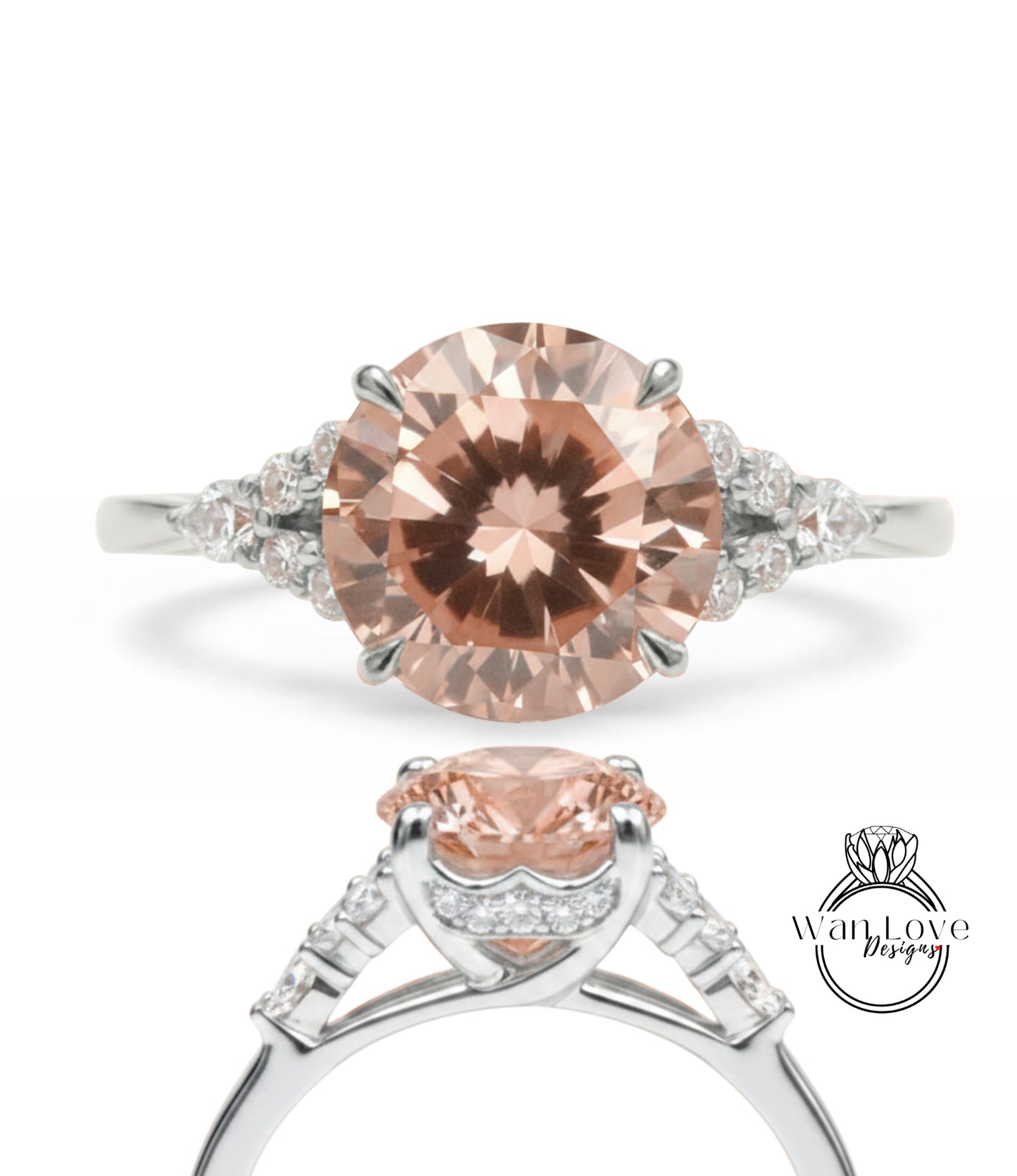 A close-up of a diamond engagement ring with a large, round-cut pink diamond set in a silver band adorned with smaller diamonds.