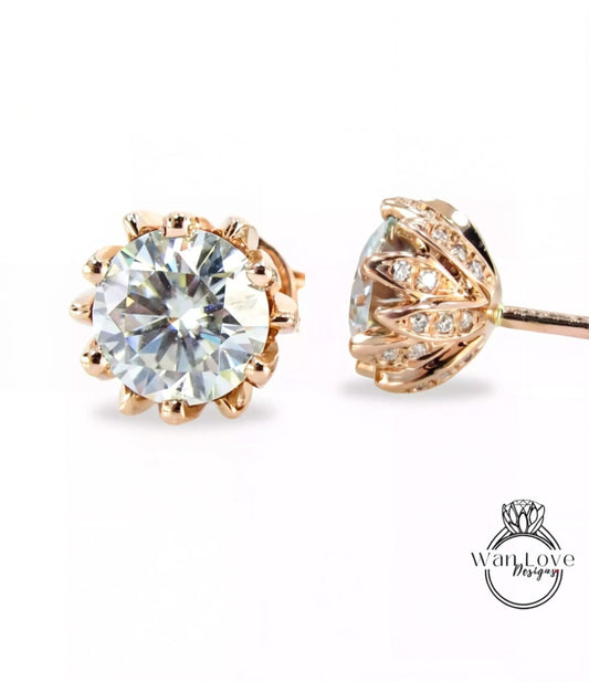 Round cut moissanite Lotus flower stud earrings unique solid rose or white gold earrings wedding earrings screwback moissanite studs gift Wan Love Designs