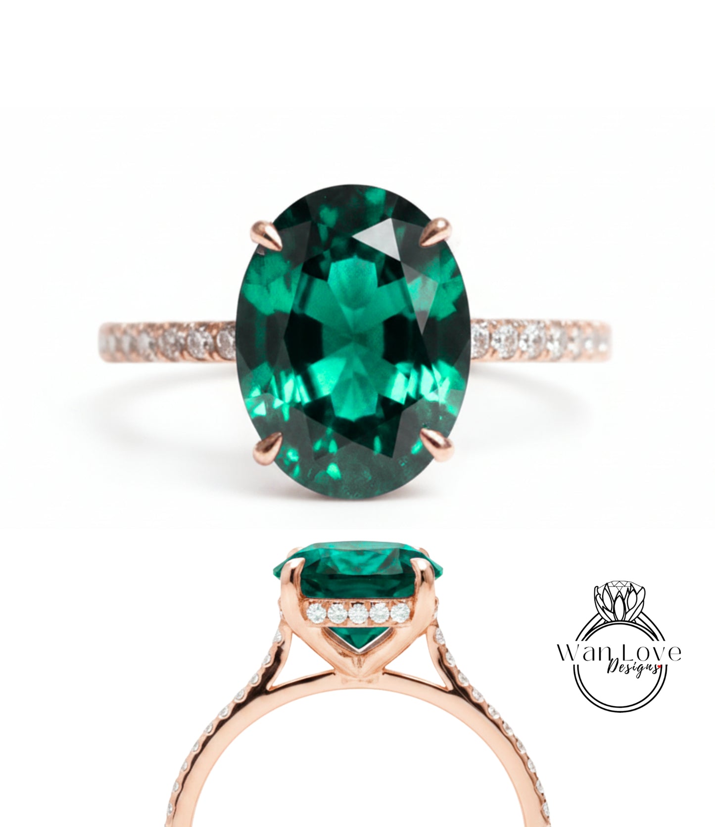 a large oval-shaped green gemstone ring with a gold band and small diamonds.