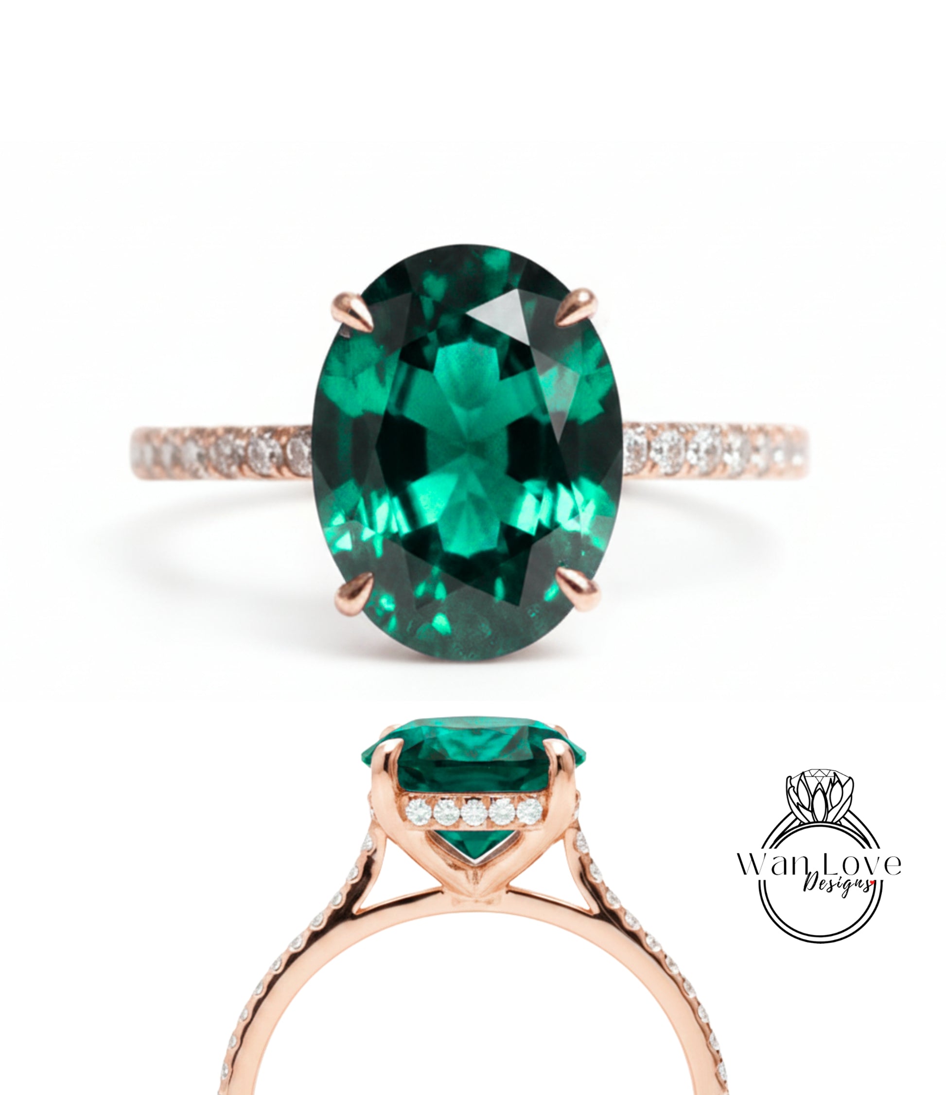 a large oval-shaped green gemstone ring with a gold band and small diamonds.