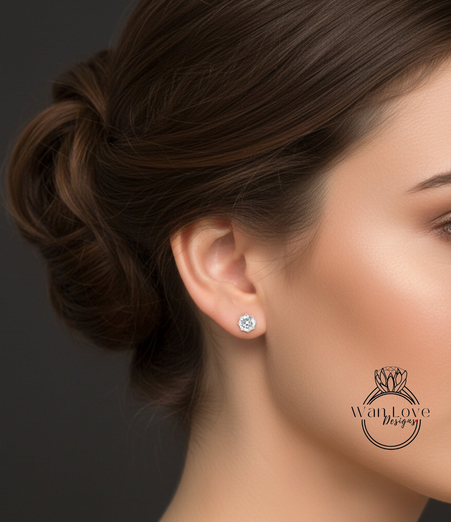 A close-up of a woman's face, focusing on her ear with a diamond earring.