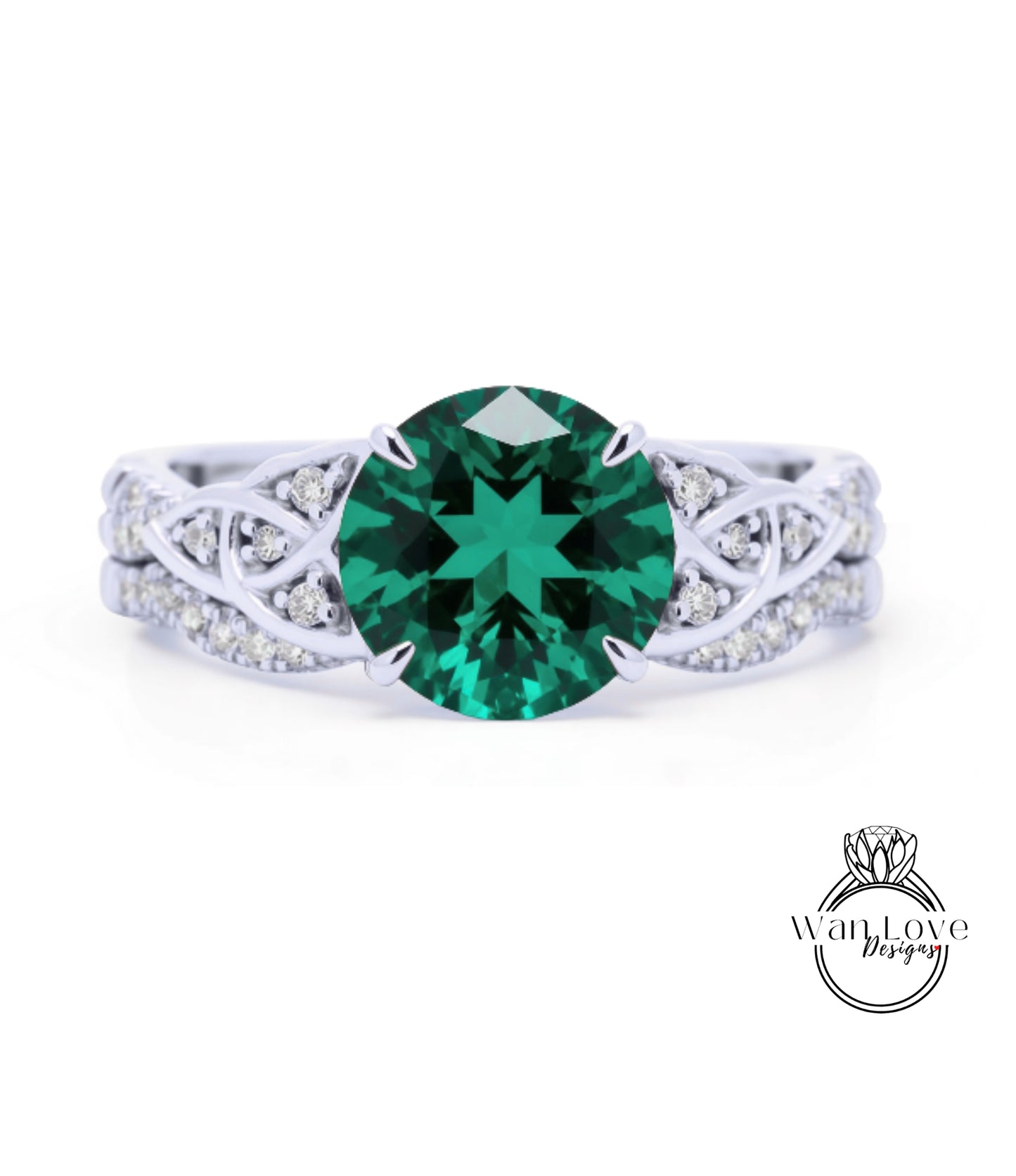 A silver ring with a large, bright green gemstone at the center.