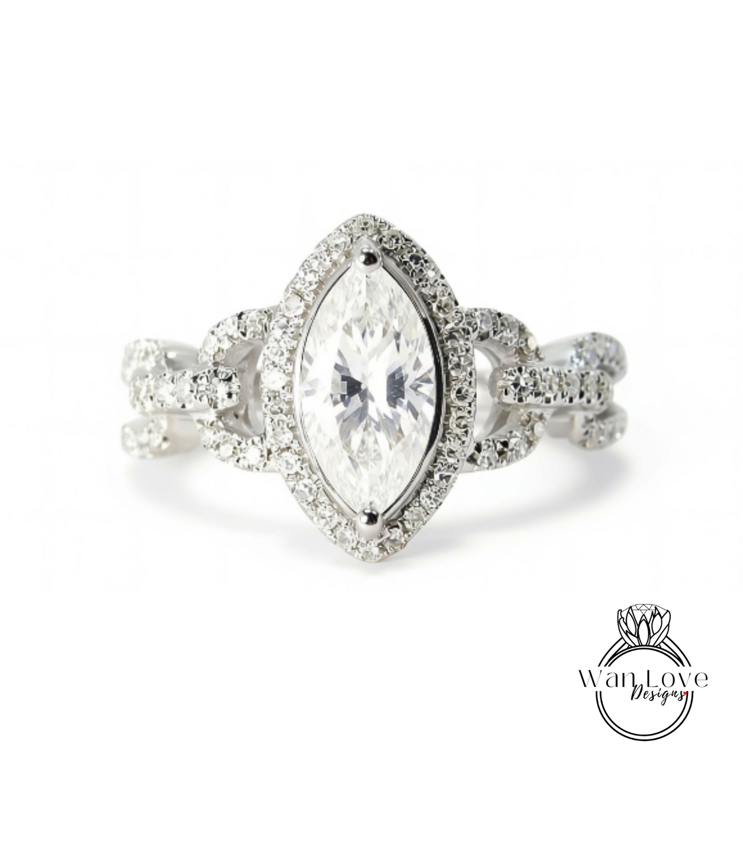 A close-up of a diamond engagement ring with a large central diamond surrounded by smaller diamonds and a halo of smaller diamonds around the center stone.