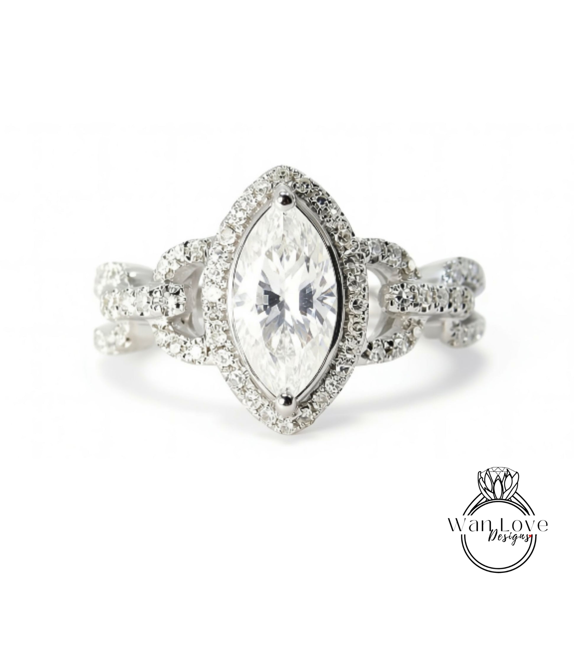 A close-up of a diamond engagement ring with a large central diamond surrounded by smaller diamonds and a halo of smaller diamonds around the center stone.