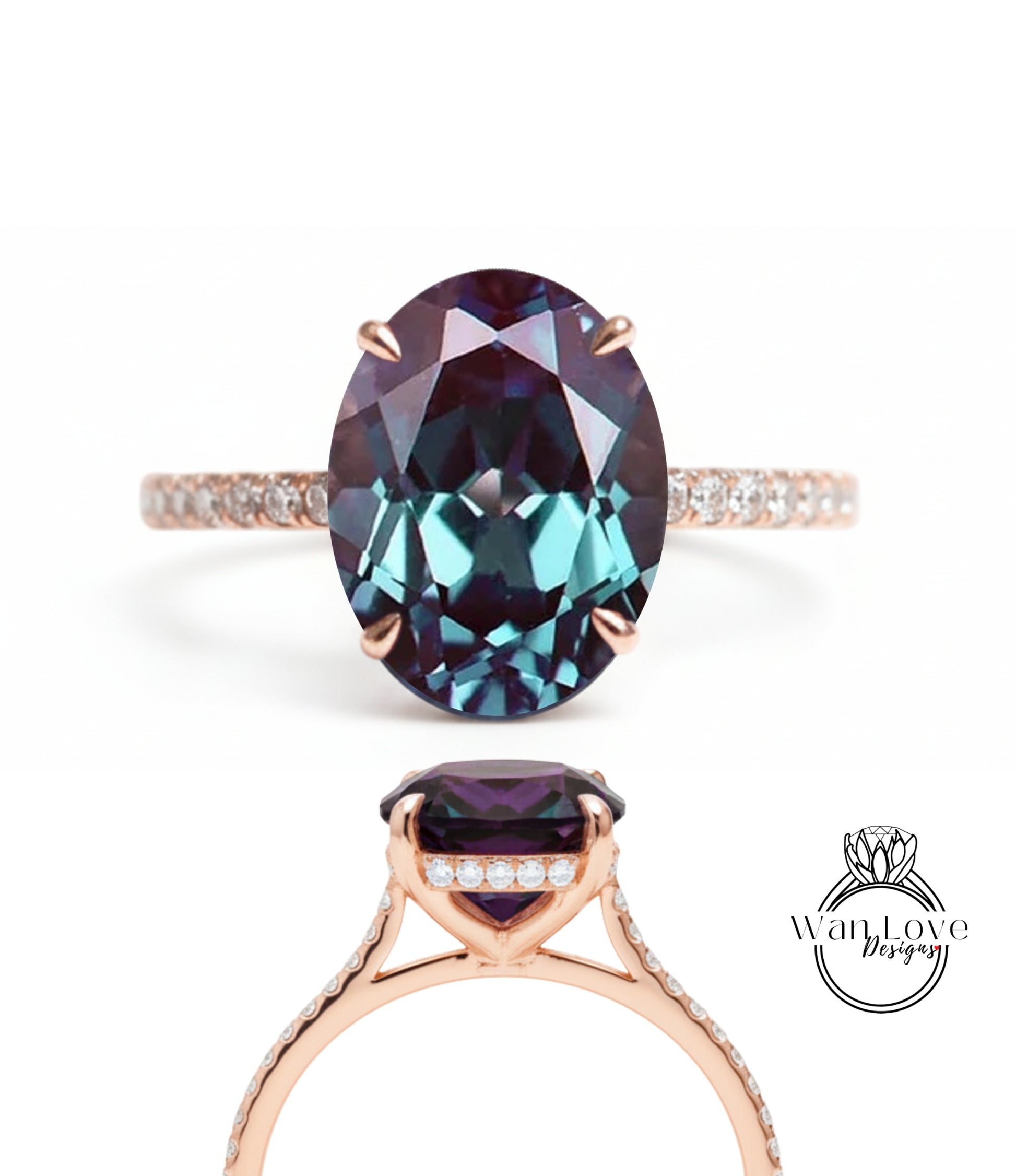a large, oval-shaped gemstone ring with a gold band and small diamonds.