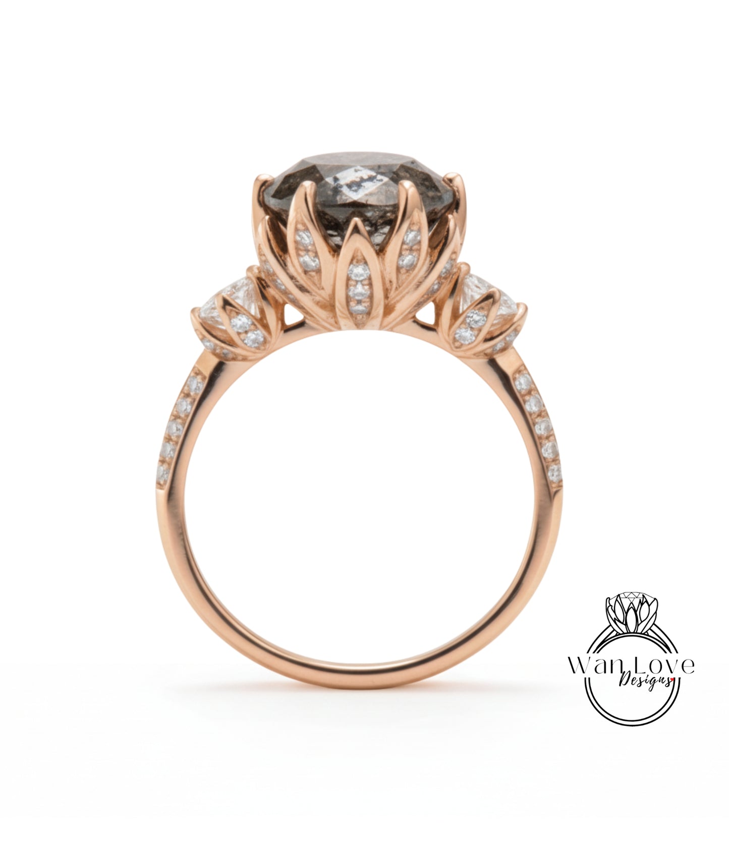 A rose gold engagement ring with a large central gemstone surrounded by smaller gemstones and a delicate floral design.