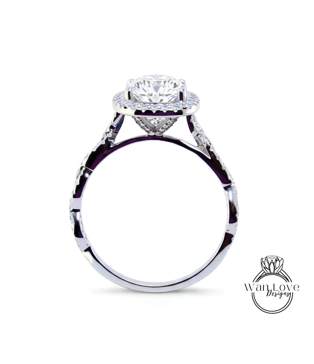 A close-up view of a silver engagement ring with a large, round diamond set in the center, surrounded by smaller diamonds.