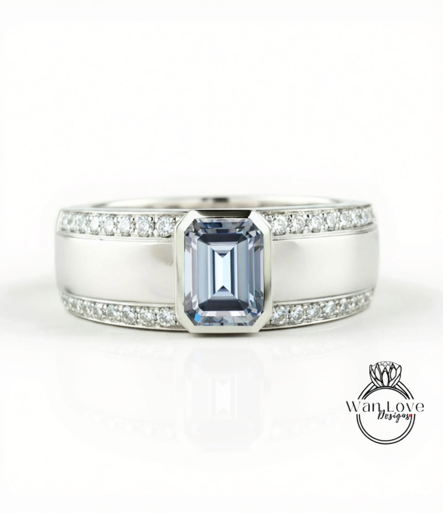 Emerald cut Sapphire and Diamond Men Ring in 14k White Gold | Blue Sapphire Ring | Mans Wedding Ring | Gifts For Him | Birthstone Mens Ring