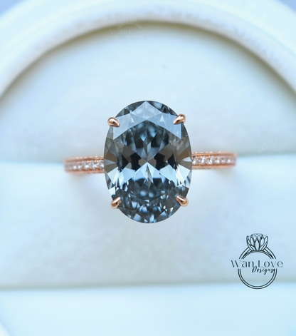 Anello di fidanzamento ovale nero Moissanite Anello stile celebrità Diamanti vintage Side Halo nascosto Anello nuziale Art Deco Anniversario Regalo per lei