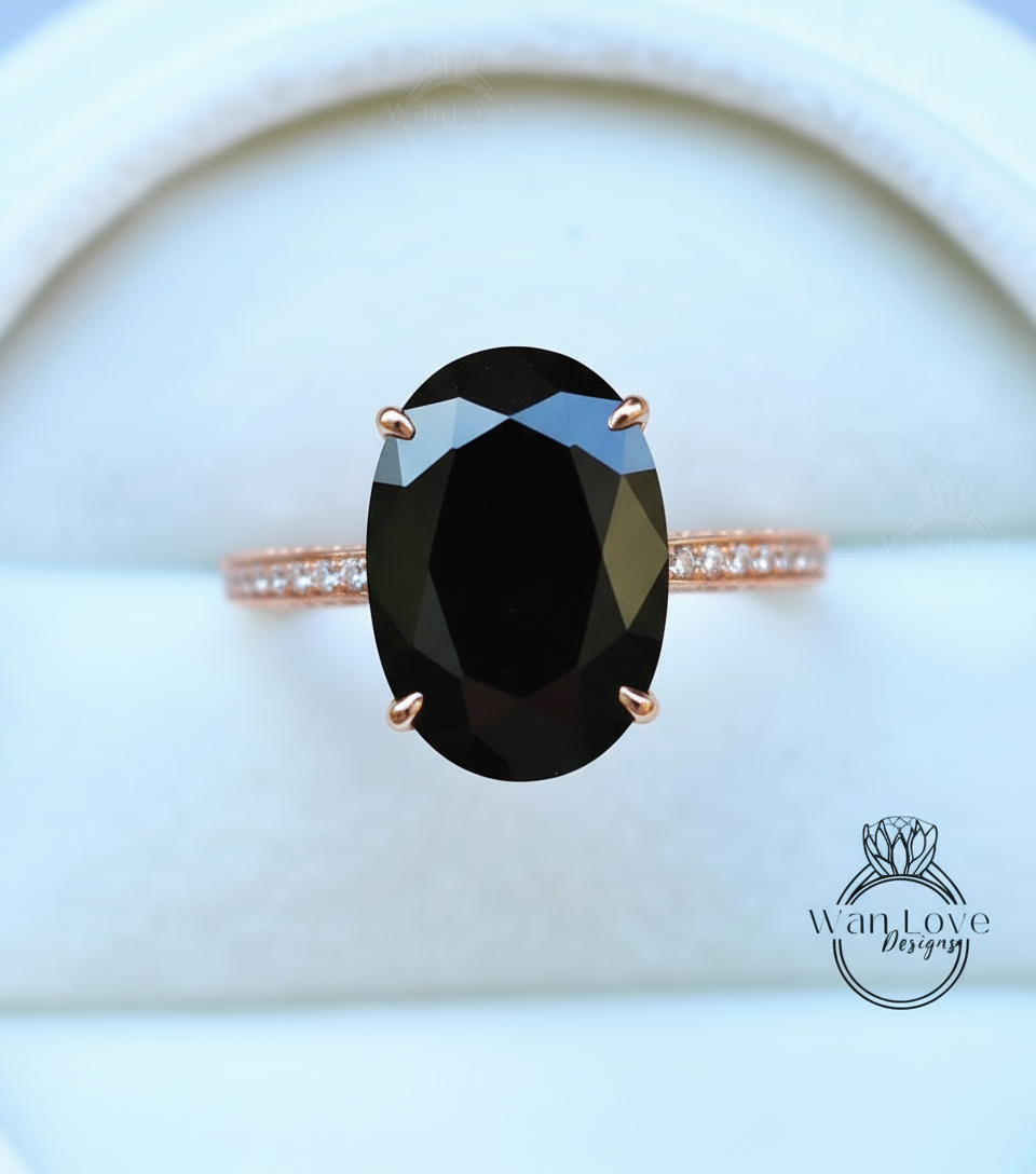 Black Spinel & Diamond Oval side halo 3 sided Almost eternity shank band Engagement Ring 14k/18k Rose White Gold, Celebrity Elongated Oval Bridal wedding Ring, Anniversary Gift