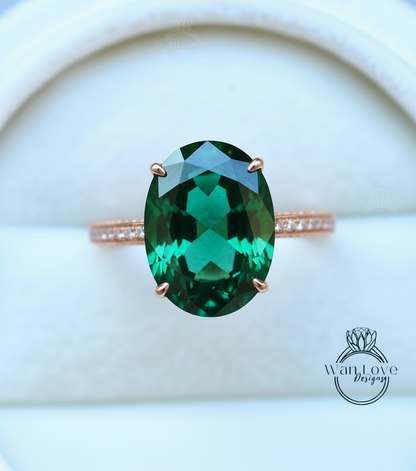 Anello di fidanzamento ovale con smeraldo Anello stile celebrità Anello con diamanti vintage Lato nascosto Halo Anello nuziale Art Deco Anniversario Regalo per lei