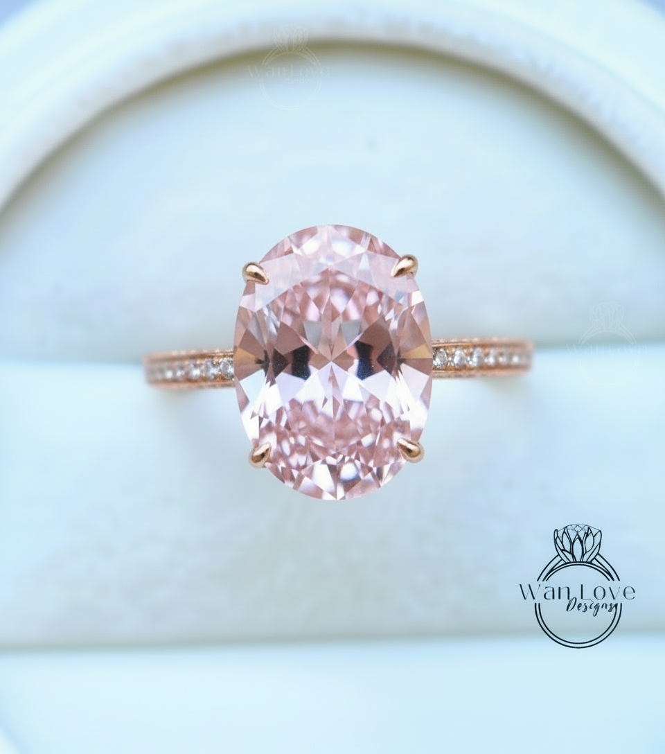 Anello di fidanzamento con zaffiro rosa chiaro e diamanti, ovale, celebrità, personalizzato, matrimonio, regalo di anniversario, impegno, proposta