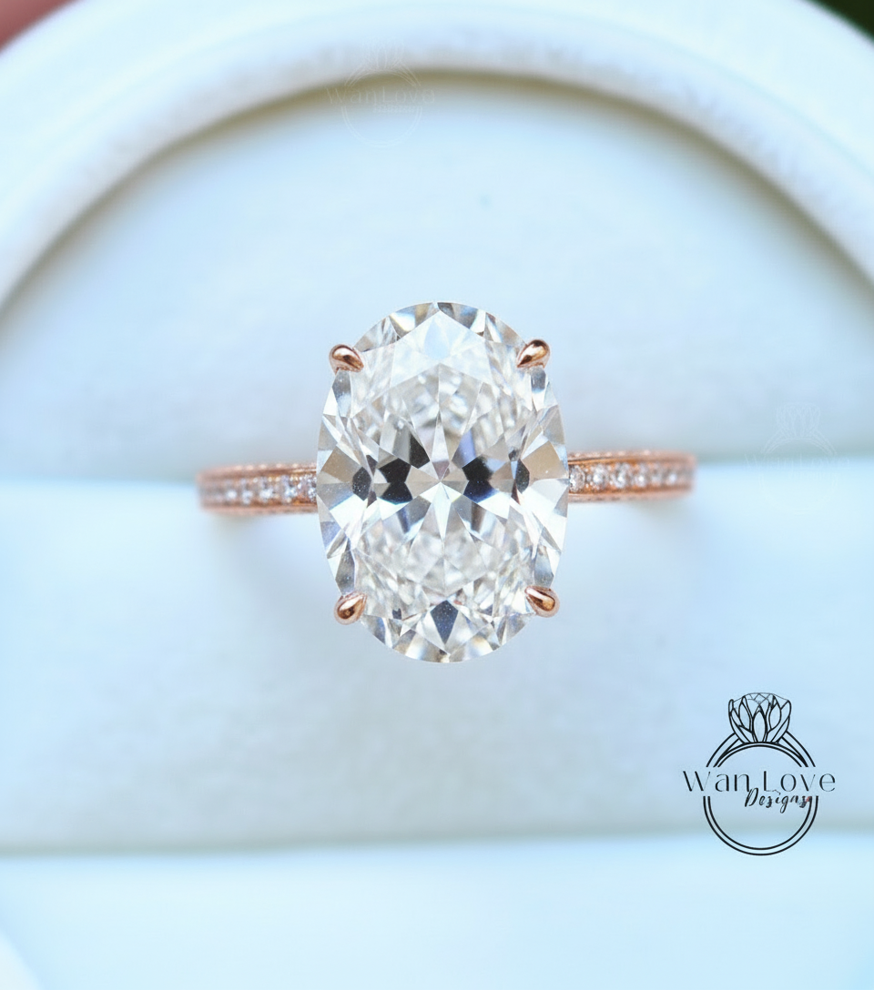 Diamond Oval side halo 3 sided Almost eternity shank band Engagement Ring 14k/18k Rose White Gold, Celebrity Elongated Oval Bridal wedding Ring, Anniversary Gift