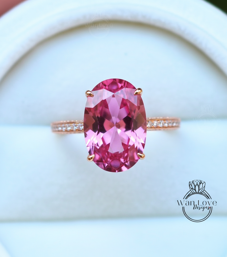 Anello di fidanzamento stile celebrità con diamante zaffiro blu da 9 ct Anello con alone laterale ovale Anello da sposa in oro 14k quasi eternità Promessa Anniversario