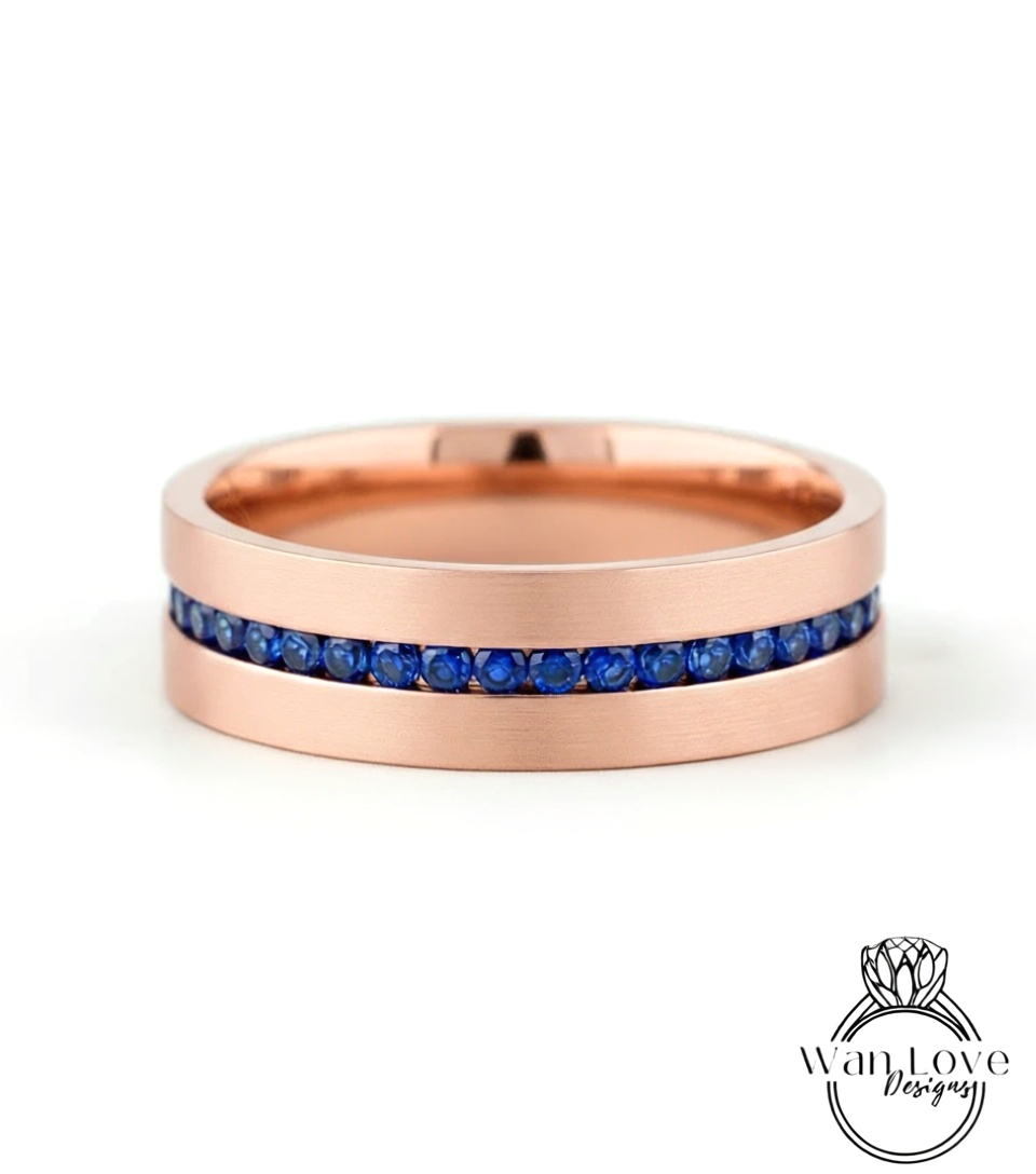 Diamond Mens Wedding Band, Middle row gems Cigar Band, 14k White Rose Gold Ring, Mens Band, Mans Birthstone Commitment Band