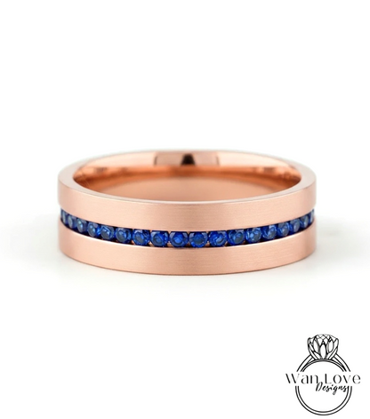 Diamond Mens Wedding Band, Middle row gems Cigar Band, 14k White Rose Gold Ring, Mens Band, Mans Birthstone Commitment Band