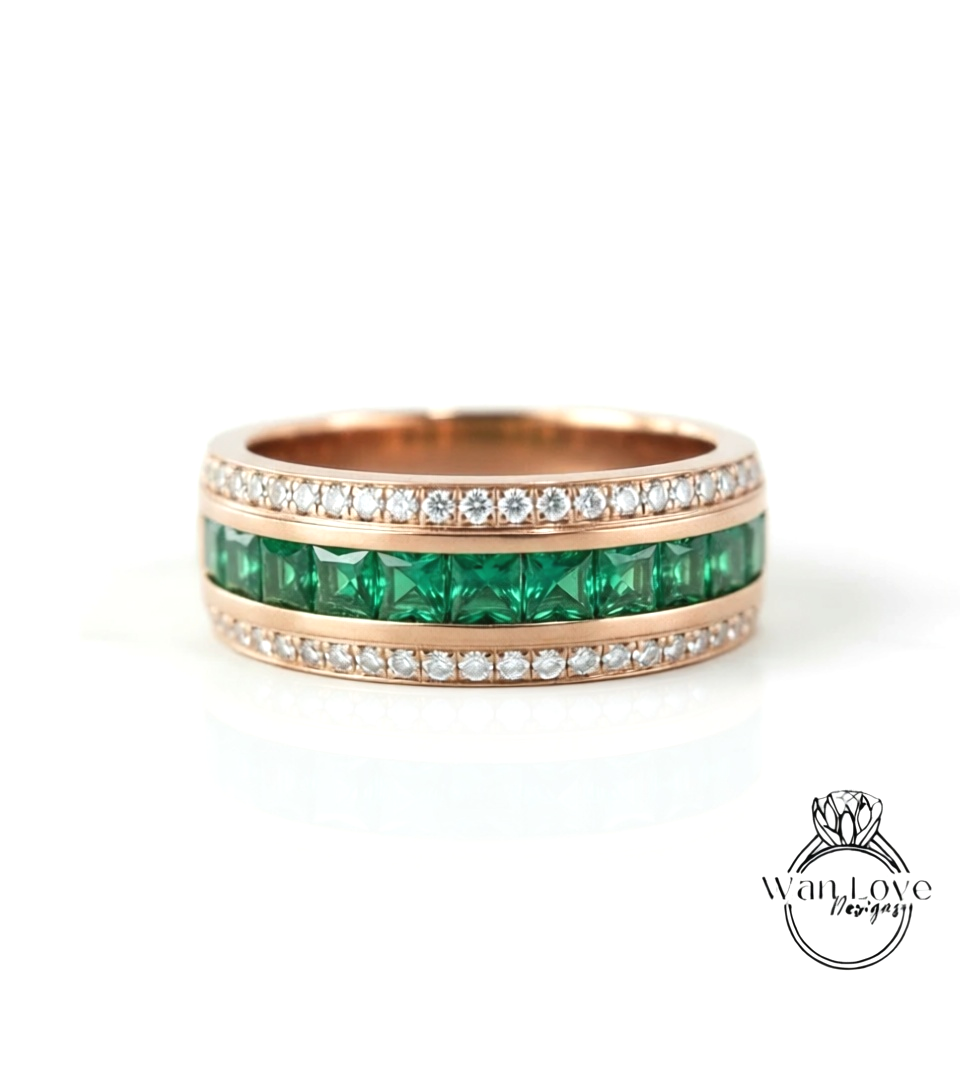 Mens Emerald and Diamond Wedding Band, Mans Princess Cut Moissanite Mens Wedding Band, Gold Wedding Ring, Mens Promise Band, Wedding Gift