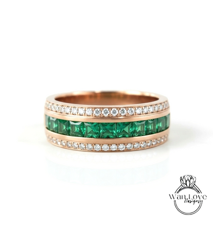 Mens Emerald and Diamond Wedding Band, Mans Princess Cut Moissanite Mens Wedding Band, Gold Wedding Ring, Mens Promise Band, Wedding Gift
