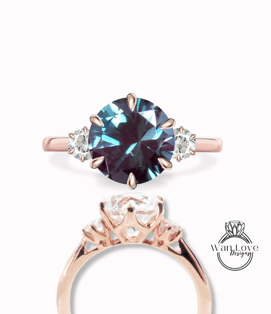 Vintage Round cut Alexandrite engagement ring rose gold ring 6 prong ring trellis three gem stone ring anniversary promise bridal ring