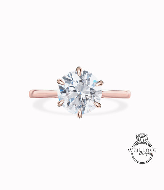 White Sapphire 6 Prong Solitaire Engagement Ring Round Cathedral 14k 18k White Yellow Rose Gold-Platinum-Custom-Wedding-Anniversary
