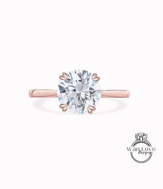 White Sapphire Solitaire Round Cathedral Engagement Ring, Custom, Wedding, 4 Double Prong,14k 18k White Yellow Rose Gold-Platinum