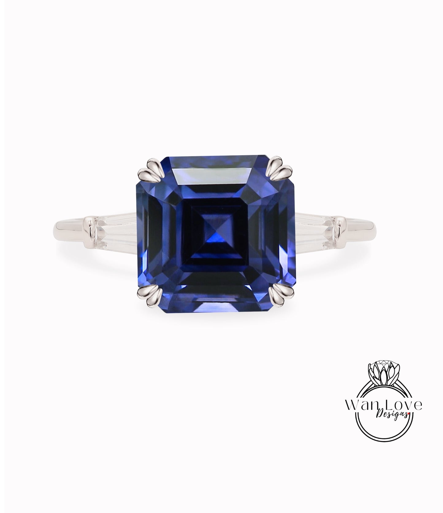 Blue Sapphire Asscher cut Tapered Baguette Engagement Ring Moissanite Ring 14kt 18kt Gold Platinum Custom Square Wedding Anniversary Gift