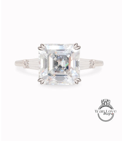 Asscher Moissanite Tapered Baguette Diamond Engagement Ring, Unique 3 stone Ring, 14k 18k White Yellow Rose Gold, Platinum, Custom, Anniversary Gift
