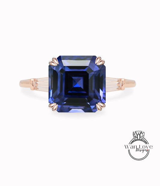 Blue Sapphire Asscher cut Tapered Baguette Engagement Ring Moissanite Ring 14kt 18kt Gold Platinum Custom Square Wedding Anniversary Gift