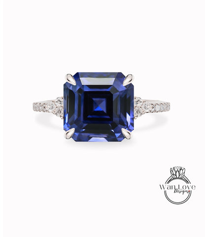 Anello di fidanzamento con zaffiro blu Asscher e diamanti Trio Pave, personalizzato, oro 14kt 18kt, platino, matrimonio, anniversario, WanLoveDesigns