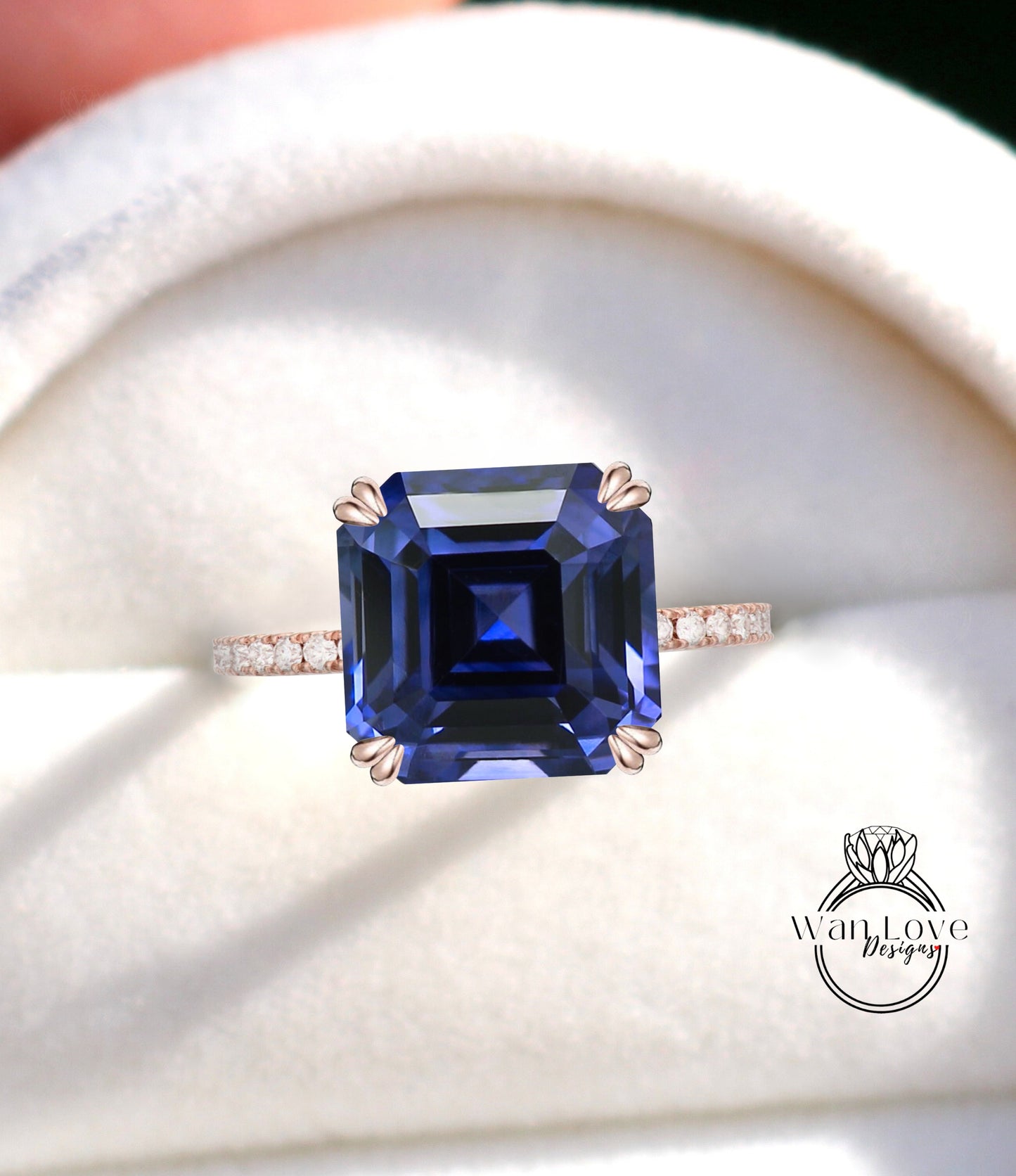 Asscher Blue Sapphire Engagement Ring Square cut sapphire ring Vintage diamond half eternity ring rose gold Wedding bridal Unique Anniversary ring