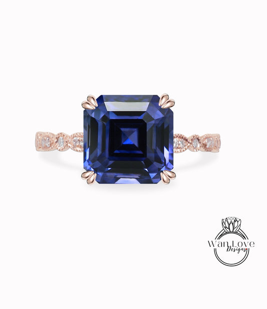 Blue Sapphire & Diamond Asscher Scalloped Engagement Ring Square-14k 18k Gold-Platinum, Bridal Wedding ring-Anniversary gift