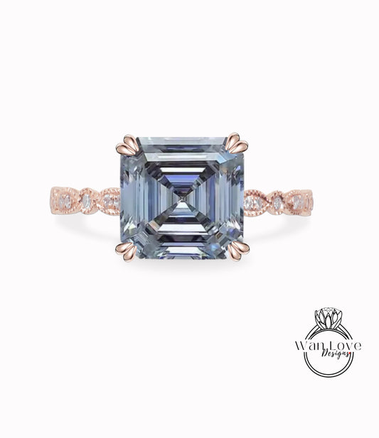 Gray Moissanite & Diamond Asscher Scalloped Engagement Ring Square-14k 18k Gold-Platinum, Bridal Wedding ring-Anniversary gift