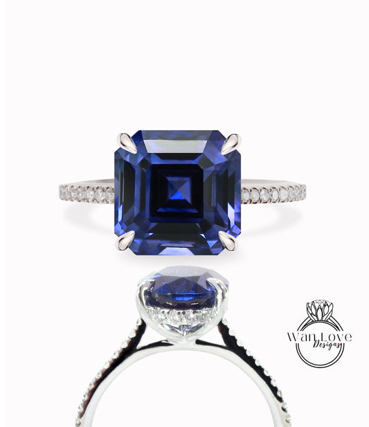 Blue Sapphire & Diamond Asscher Side Halo Square cut Engagement Ring, 3/4 Almost Eternity, Custom, 4kt 18kt Gold, Platinum, Anniversary Gift