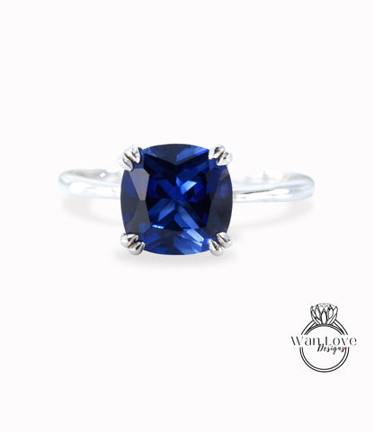 3ct Cushion cut Blue Sapphire engagement ring solitaire ring 4 prong art deco wedding solitaire ring Bridal ring Anniversary promise, Ready