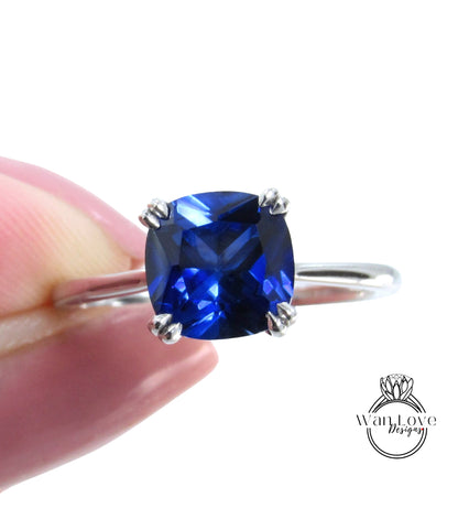 3ct Cushion cut Blue Sapphire engagement ring solitaire ring 4 prong art deco wedding solitaire ring Bridal ring Anniversary promise, Ready