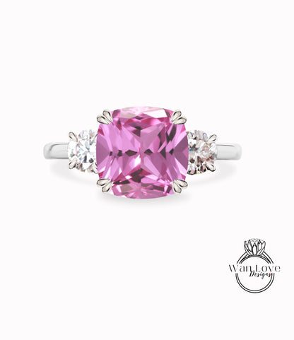 Anello di fidanzamento con 3 pietre preziose Moissanite zaffiro rosa, cuscino, rotondo, 3 ct 8 mm 1 ct 6 mm, personalizzato, matrimonio, anniversario, oro giallo rosa bianco 14k 18k