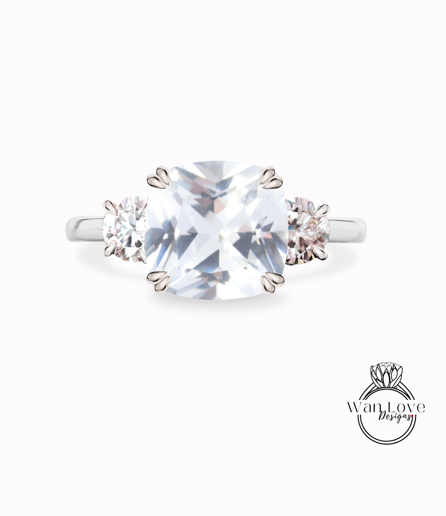 Cuscino con zaffiro bianco e anello di fidanzamento rotondo con 3 pietre-3ct-.75ct-8mm-5mm-14k-18k-bianco giallo oro rosa-platino-anniversario di matrimonio personalizzato