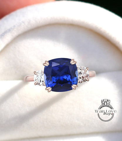 Anello di fidanzamento rotondo con cuscino in pietra con zaffiro blu e bianco, regalo per anniversario di matrimonio personalizzato in platino, oro bianco giallo rosa 14k 18k