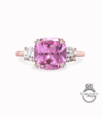 Anello di fidanzamento con 3 pietre preziose Moissanite zaffiro rosa, cuscino, rotondo, 3 ct 8 mm 1 ct 6 mm, personalizzato, matrimonio, anniversario, oro giallo rosa bianco 14k 18k